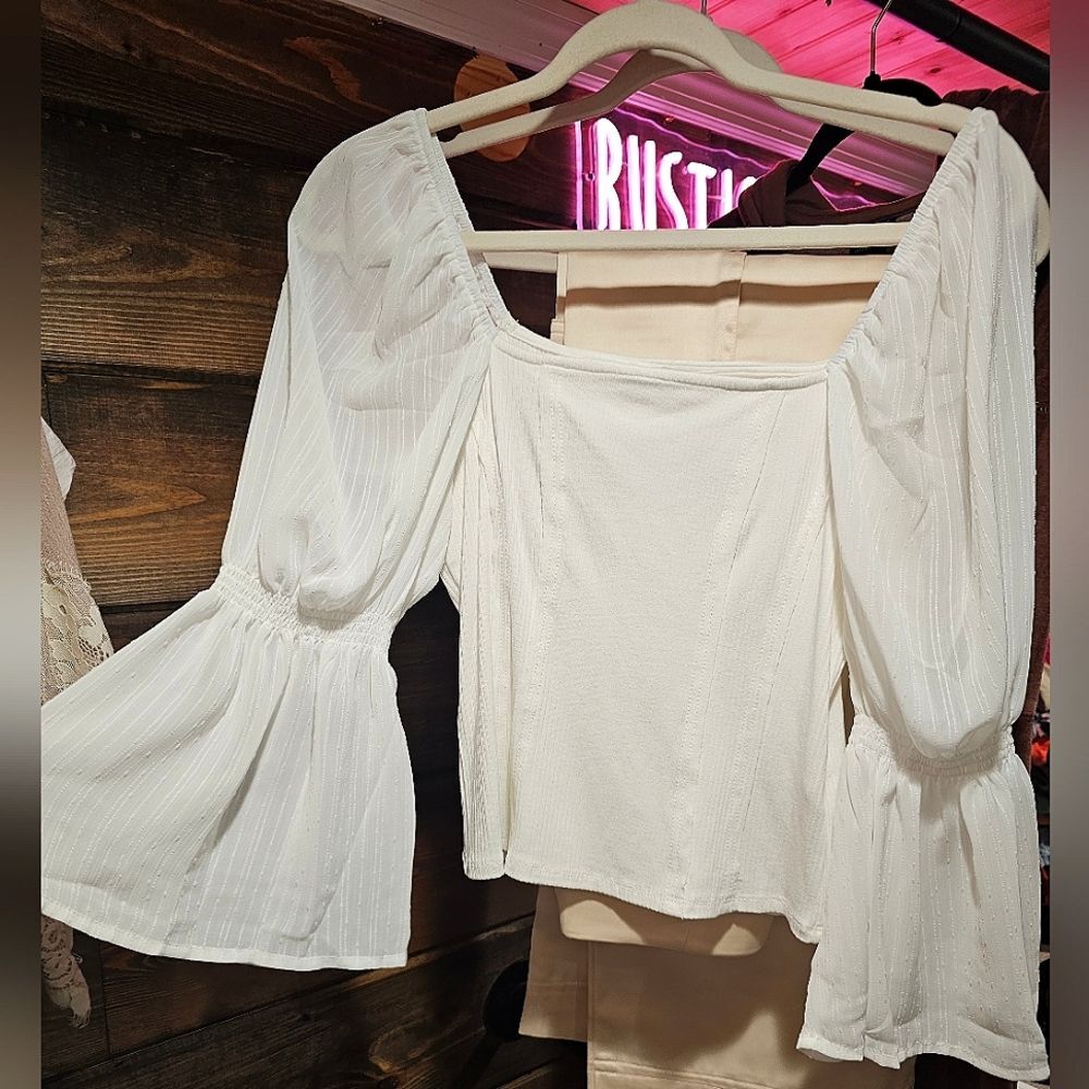 Fairy whimsical boho hippie Ribbed Top sheer Bell Sleeve Victorian renaissance